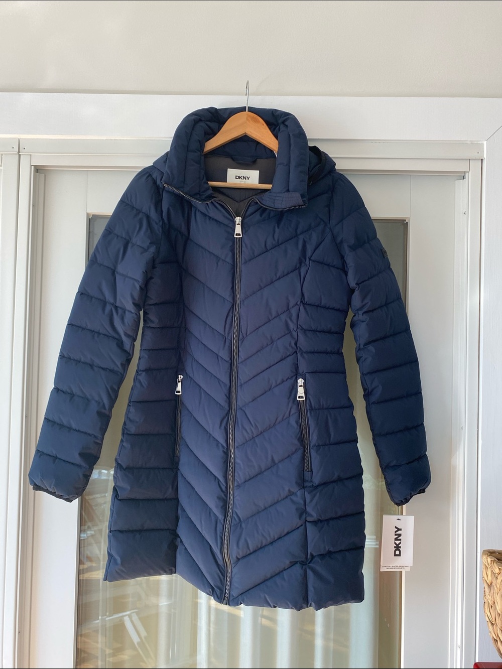 DKNY Navy Quilted Hooded Long Puffer Coat
